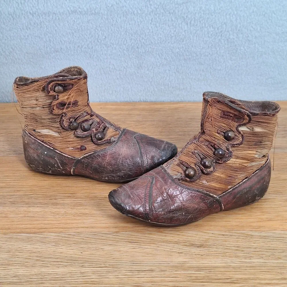 Antique Victorian Baby Boots High-Top Button Brown Leather Textile Pair Vintage